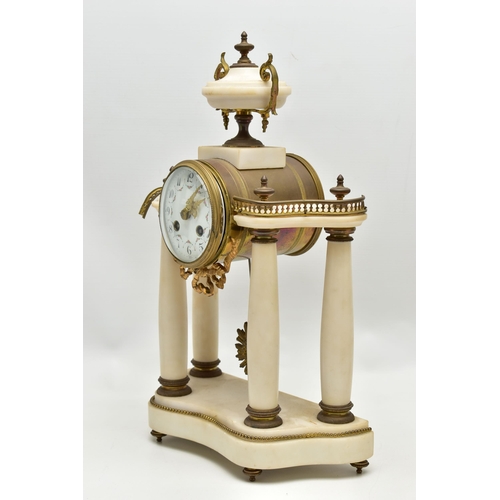 206 - A LATE 19TH CENTURY FRENCH WHITE MARBLE AND GILT METAL CLOCK GARNITURE, the clock with urn surmount ... 