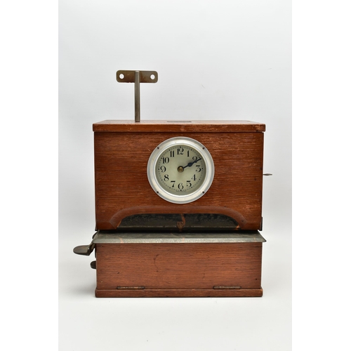 207 - A 20TH CENTURY ENGLISH CLOCK SYSTEMS LTD OAK AND LAMINATE CASED TIME RECORDING CLOCK, the rectangula... 