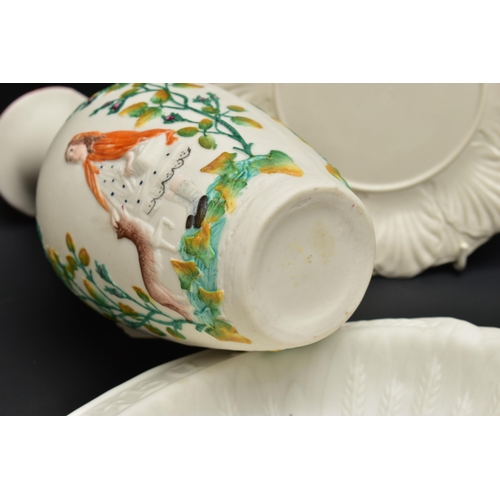 125 - SEVEN PIECES OF VICTORIAN PARIAN PORCELAIN, comprising a twin handled vase relief moulded with Littl... 