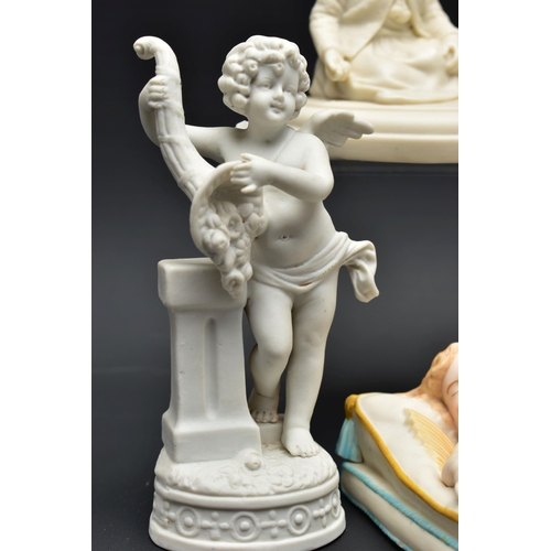 126 - FIVE VARIOUS 19TH AND EARLY 20TH CENTURY PARIAN FIGURES AND TWO CONTINENTAL BISQUE FIGURES, comprisi... 