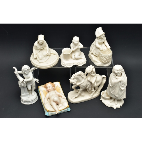 126 - FIVE VARIOUS 19TH AND EARLY 20TH CENTURY PARIAN FIGURES AND TWO CONTINENTAL BISQUE FIGURES, comprisi... 