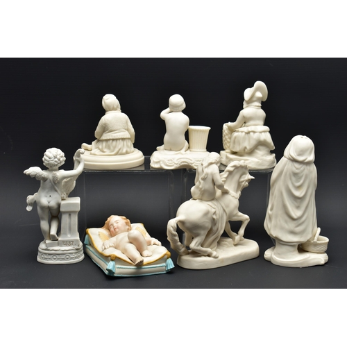 126 - FIVE VARIOUS 19TH AND EARLY 20TH CENTURY PARIAN FIGURES AND TWO CONTINENTAL BISQUE FIGURES, comprisi... 