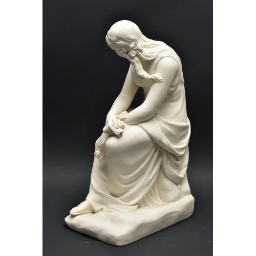 134 - A 19TH CENTURY MINTON PARIAN FIGURE COMEDY, modelled as a seated Classical lady holding a garland, i... 