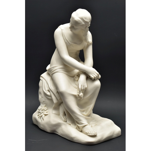 134 - A 19TH CENTURY MINTON PARIAN FIGURE COMEDY, modelled as a seated Classical lady holding a garland, i... 