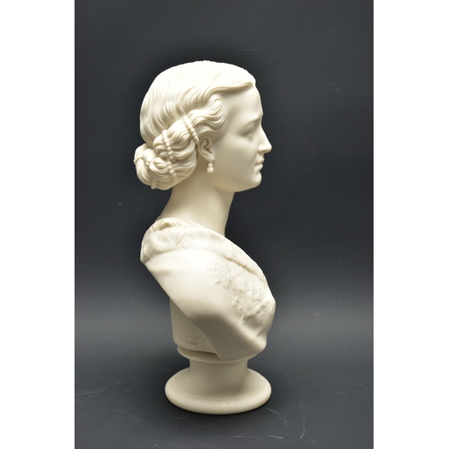 136 - A 19TH CENTURY COPELAND PARIAN BUST PRINCESS ALEXANDRA (with earrings), impressed to the back 'PUBD ... 