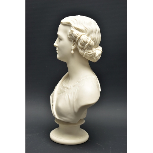 136 - A 19TH CENTURY COPELAND PARIAN BUST PRINCESS ALEXANDRA (with earrings), impressed to the back 'PUBD ... 