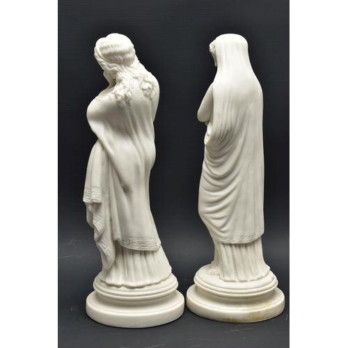 140 - A PAIR OF 19TH CENTURY PARIAN FEMALE FIGURES OF COMEDY AND TRAGEDY, modelled as standing on a circul... 