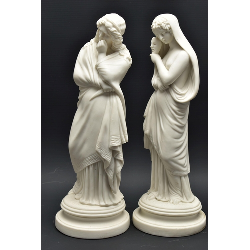 140 - A PAIR OF 19TH CENTURY PARIAN FEMALE FIGURES OF COMEDY AND TRAGEDY, modelled as standing on a circul... 