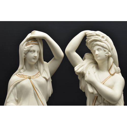 140 - A PAIR OF 19TH CENTURY PARIAN FEMALE FIGURES OF COMEDY AND TRAGEDY, modelled as standing on a circul... 