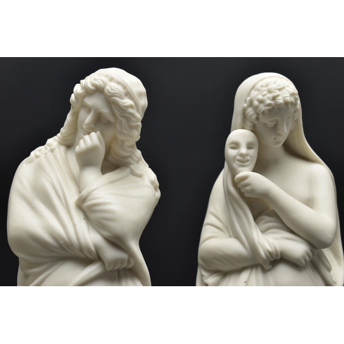 140 - A PAIR OF 19TH CENTURY PARIAN FEMALE FIGURES OF COMEDY AND TRAGEDY, modelled as standing on a circul... 