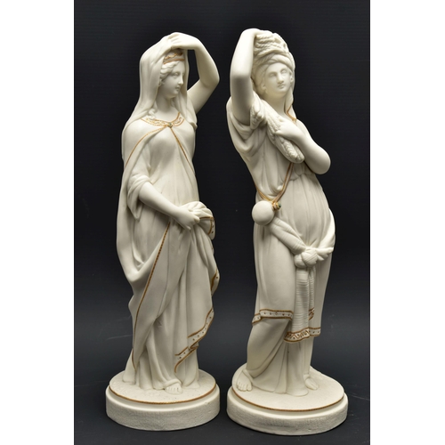 140 - A PAIR OF 19TH CENTURY PARIAN FEMALE FIGURES OF COMEDY AND TRAGEDY, modelled as standing on a circul... 