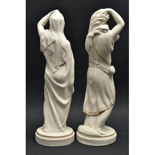 140 - A PAIR OF 19TH CENTURY PARIAN FEMALE FIGURES OF COMEDY AND TRAGEDY, modelled as standing on a circul... 