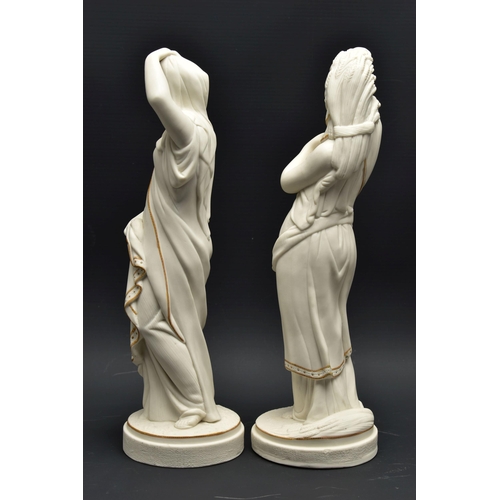 140 - A PAIR OF 19TH CENTURY PARIAN FEMALE FIGURES OF COMEDY AND TRAGEDY, modelled as standing on a circul... 