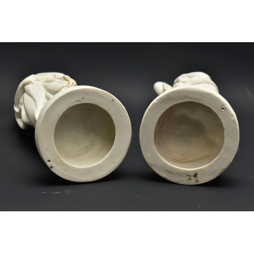 140 - A PAIR OF 19TH CENTURY PARIAN FEMALE FIGURES OF COMEDY AND TRAGEDY, modelled as standing on a circul... 