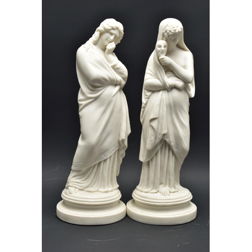 140 - A PAIR OF 19TH CENTURY PARIAN FEMALE FIGURES OF COMEDY AND TRAGEDY, modelled as standing on a circul... 