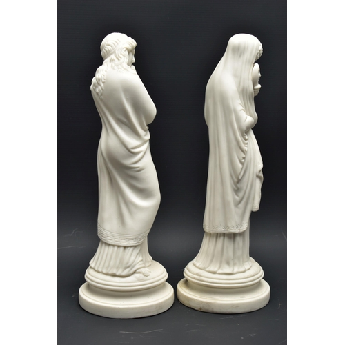 140 - A PAIR OF 19TH CENTURY PARIAN FEMALE FIGURES OF COMEDY AND TRAGEDY, modelled as standing on a circul... 