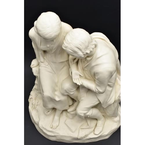 143 - A 19TH CENTURY COPELAND PARIAN FIGURE GROUP OF BURNS AND HIGHLAND MARY, modelled as a couple seated ... 