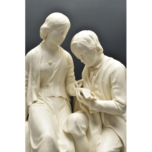 143 - A 19TH CENTURY COPELAND PARIAN FIGURE GROUP OF BURNS AND HIGHLAND MARY, modelled as a couple seated ... 