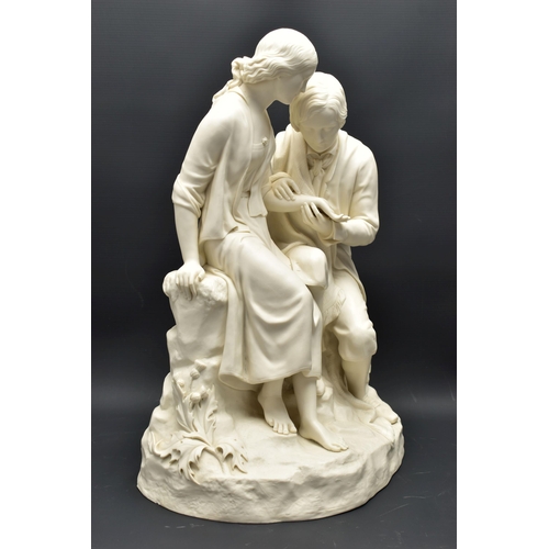 143 - A 19TH CENTURY COPELAND PARIAN FIGURE GROUP OF BURNS AND HIGHLAND MARY, modelled as a couple seated ... 