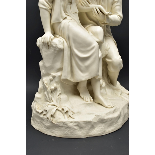 143 - A 19TH CENTURY COPELAND PARIAN FIGURE GROUP OF BURNS AND HIGHLAND MARY, modelled as a couple seated ... 