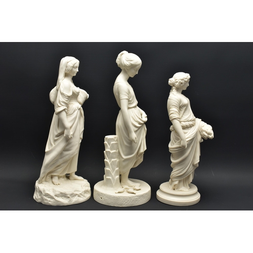 146 - THREE 19TH CENTURY UNMARKED PARIAN FIGURES, comprising a Copeland standing figure of Virginia, heigh... 