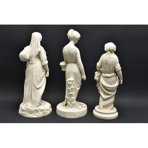 146 - THREE 19TH CENTURY UNMARKED PARIAN FIGURES, comprising a Copeland standing figure of Virginia, heigh... 