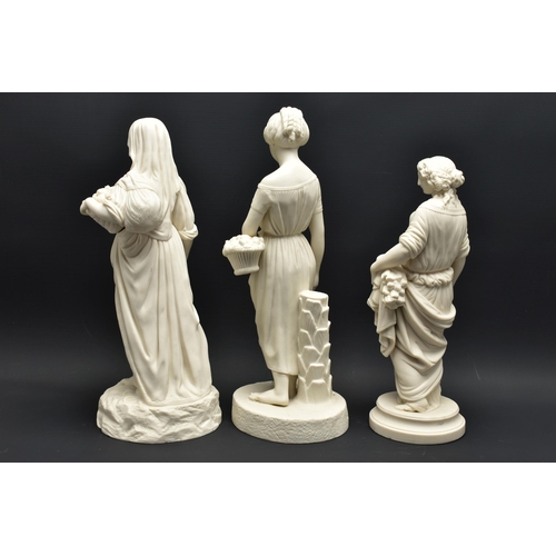 146 - THREE 19TH CENTURY UNMARKED PARIAN FIGURES, comprising a Copeland standing figure of Virginia, heigh... 