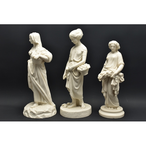 146 - THREE 19TH CENTURY UNMARKED PARIAN FIGURES, comprising a Copeland standing figure of Virginia, heigh... 