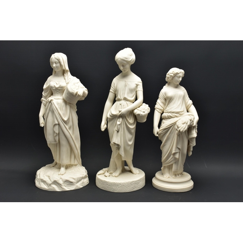 146 - THREE 19TH CENTURY UNMARKED PARIAN FIGURES, comprising a Copeland standing figure of Virginia, heigh... 