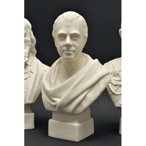 149 - FOUR SMALL ROBINSON & LEADBEATER PARIAN PORTRAIT BUSTS, all on integral square plinths, comprising P... 