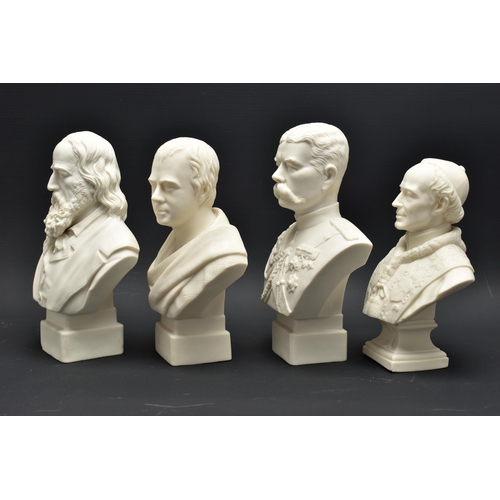 149 - FOUR SMALL ROBINSON & LEADBEATER PARIAN PORTRAIT BUSTS, all on integral square plinths, comprising P... 