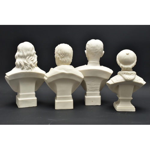 149 - FOUR SMALL ROBINSON & LEADBEATER PARIAN PORTRAIT BUSTS, all on integral square plinths, comprising P... 