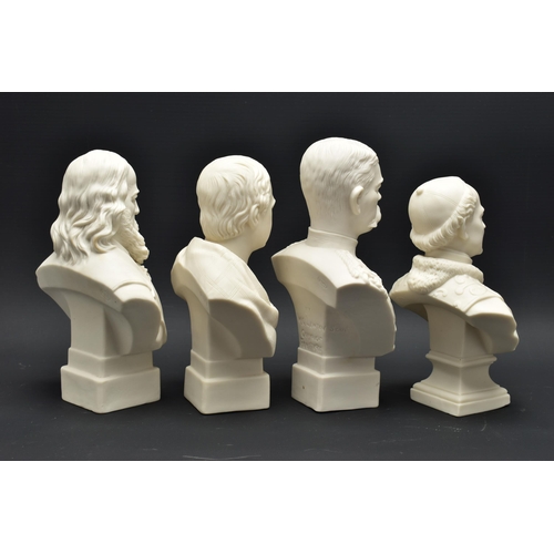 149 - FOUR SMALL ROBINSON & LEADBEATER PARIAN PORTRAIT BUSTS, all on integral square plinths, comprising P... 