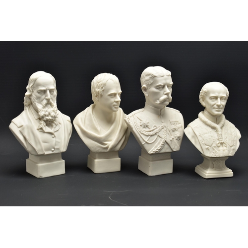 149 - FOUR SMALL ROBINSON & LEADBEATER PARIAN PORTRAIT BUSTS, all on integral square plinths, comprising P... 