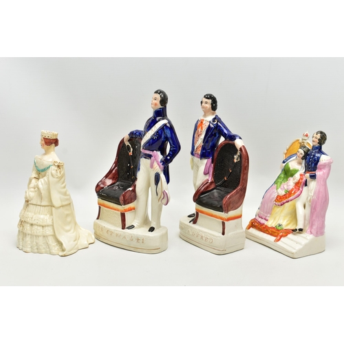 211 - THREE VICTORIAN STAFFORDSHIRE POTTERY PORTRAIT FIGURES AND A SIMILAR JAR AND COVER, the figures comp... 