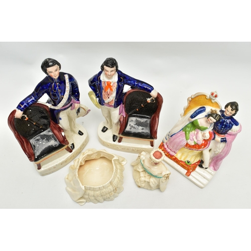 211 - THREE VICTORIAN STAFFORDSHIRE POTTERY PORTRAIT FIGURES AND A SIMILAR JAR AND COVER, the figures comp... 