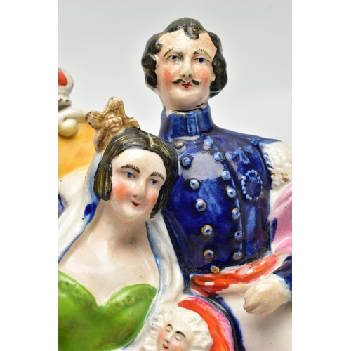 211 - THREE VICTORIAN STAFFORDSHIRE POTTERY PORTRAIT FIGURES AND A SIMILAR JAR AND COVER, the figures comp... 