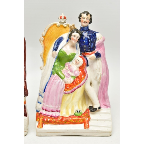 211 - THREE VICTORIAN STAFFORDSHIRE POTTERY PORTRAIT FIGURES AND A SIMILAR JAR AND COVER, the figures comp... 