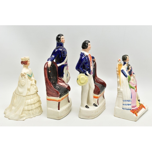 211 - THREE VICTORIAN STAFFORDSHIRE POTTERY PORTRAIT FIGURES AND A SIMILAR JAR AND COVER, the figures comp... 