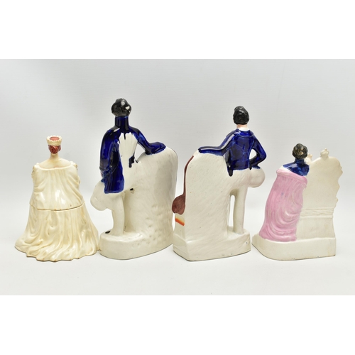 211 - THREE VICTORIAN STAFFORDSHIRE POTTERY PORTRAIT FIGURES AND A SIMILAR JAR AND COVER, the figures comp... 