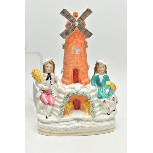 213 - FIVE VICTORIAN STAFFORDSHIRE POTTERY FIGURES, ETC, comprising a windmill with boy and girl seated ei... 