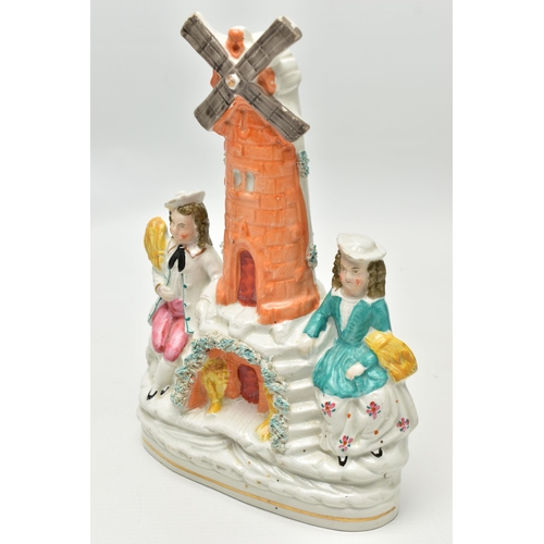 213 - FIVE VICTORIAN STAFFORDSHIRE POTTERY FIGURES, ETC, comprising a windmill with boy and girl seated ei... 