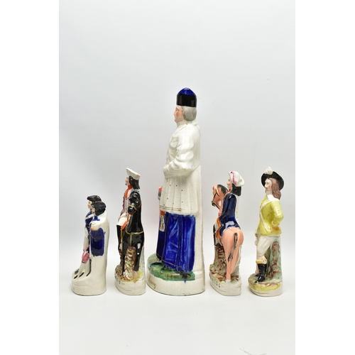 214 - FIVE VICTORIAN STAFFORDSHIRE POTTERY PORTRAIT AND OTHER FIGURES, comprising a group titled 'Death of... 