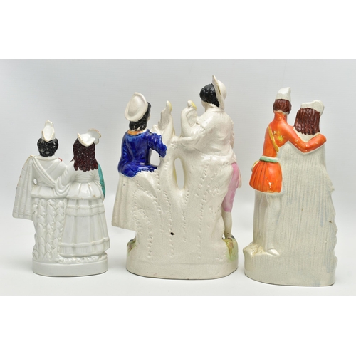 216 - FIVE VICTORIAN STAFFORDSHIRE POTTERY FIGURE GROUPS OF COUPLES, comprising a harvest scene, height 30... 