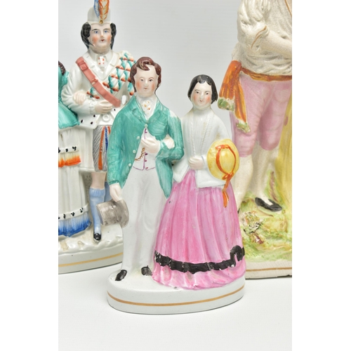 216 - FIVE VICTORIAN STAFFORDSHIRE POTTERY FIGURE GROUPS OF COUPLES, comprising a harvest scene, height 30... 