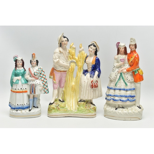 216 - FIVE VICTORIAN STAFFORDSHIRE POTTERY FIGURE GROUPS OF COUPLES, comprising a harvest scene, height 30... 