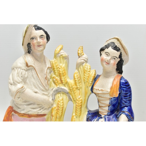 216 - FIVE VICTORIAN STAFFORDSHIRE POTTERY FIGURE GROUPS OF COUPLES, comprising a harvest scene, height 30... 