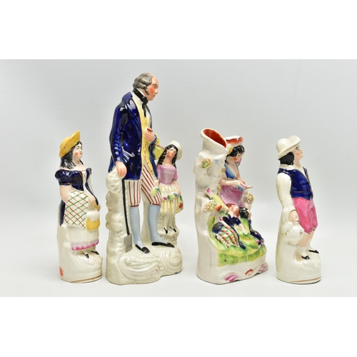 217 - SIX VICTORIAN STAFFORDSHIRE POTTERY FIGURES AND GROUPS, comprising a seated female figure wearing a ... 