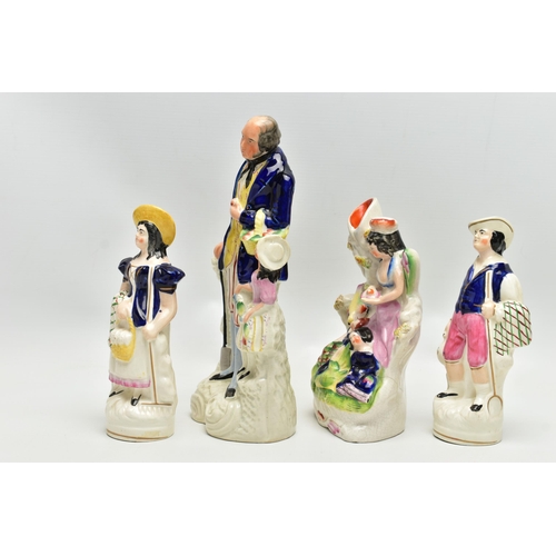 217 - SIX VICTORIAN STAFFORDSHIRE POTTERY FIGURES AND GROUPS, comprising a seated female figure wearing a ... 