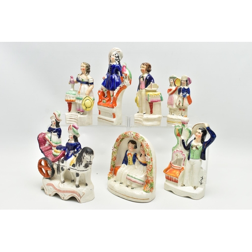 218 - SEVEN VICTORIAN STAFFORDSHIRE POTTERY FIGURES AND GROUPS, comprising a group of Prince of Wales and ... 